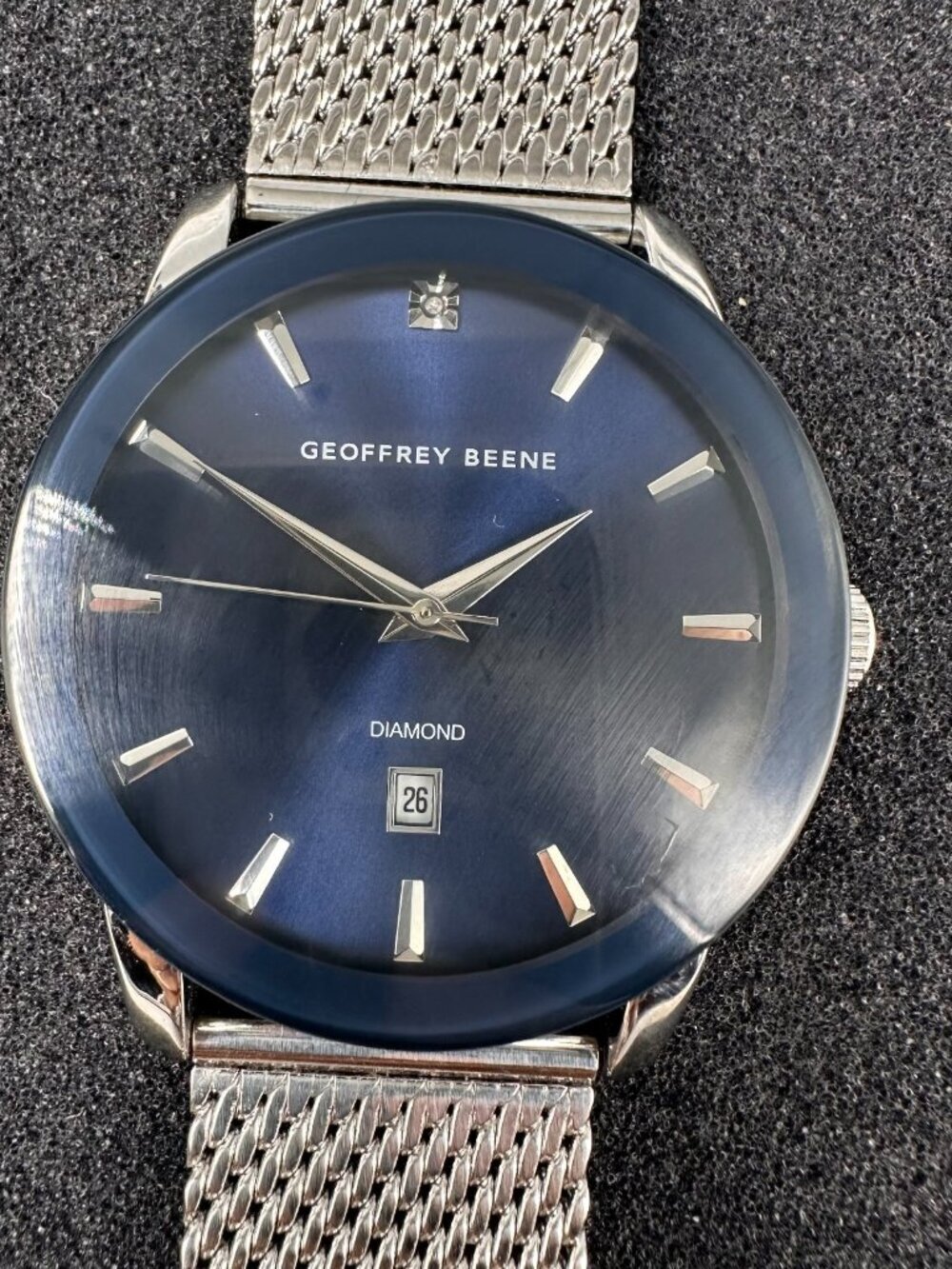 Geoffrey Beene Watch Men Silver Tone Blue Date Window Round New Battery